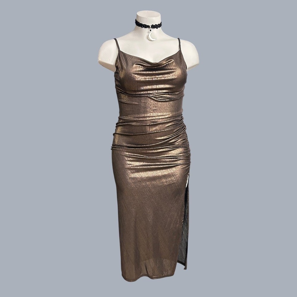Bronze Metallic Cowl Neck Ruched Midi Dress XLARGE Bodycon Formal Sexy Party